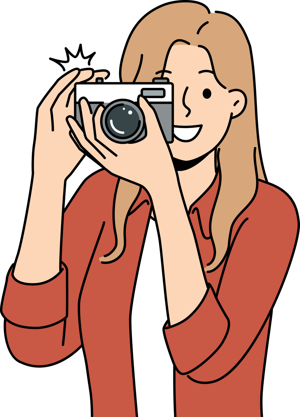 Woman with camera with smile takes photo for publication in newspaper or personal internet blog